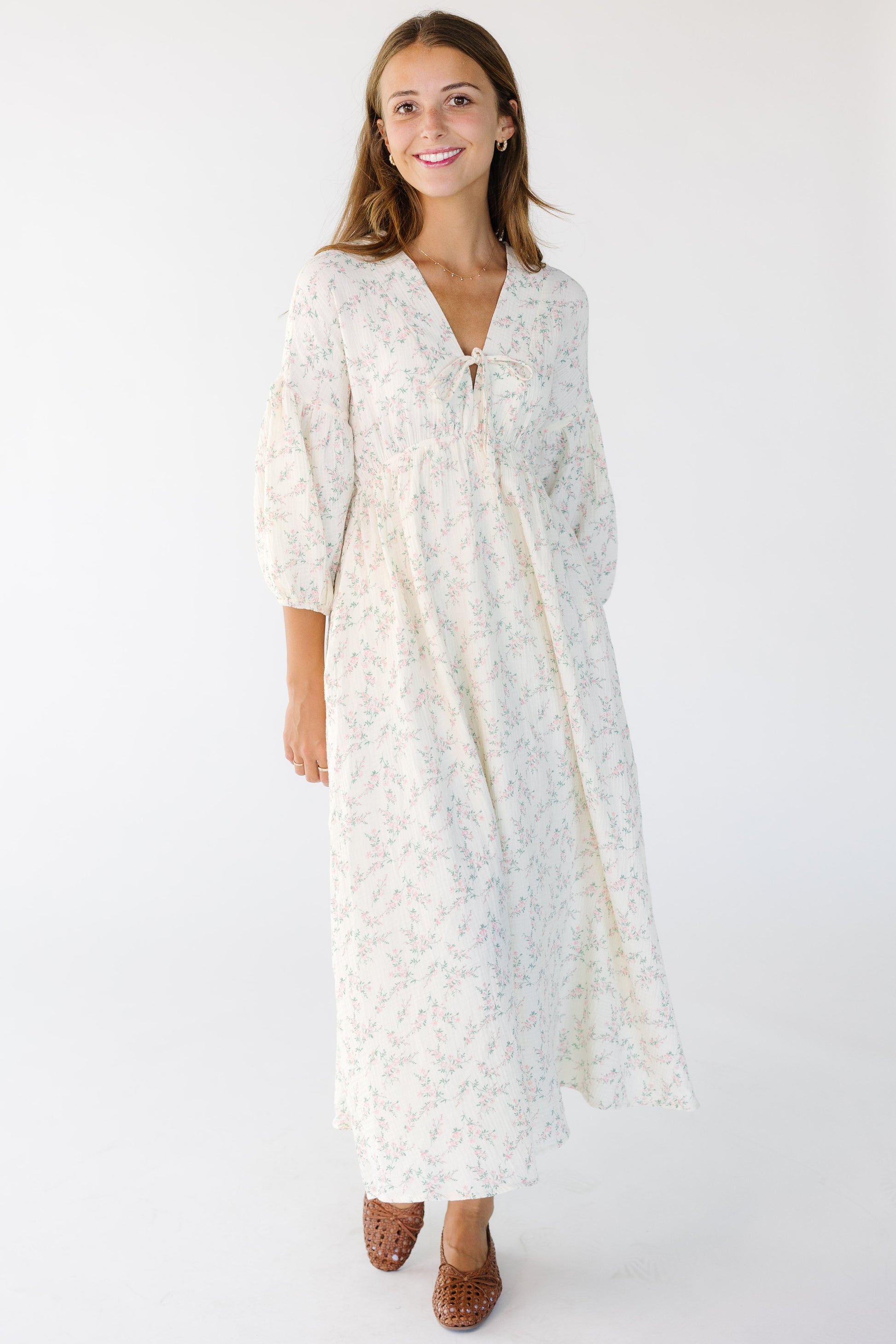 Brass & Roe A Gauze Tie Front Dress in cream and pink floral for women and teens.
