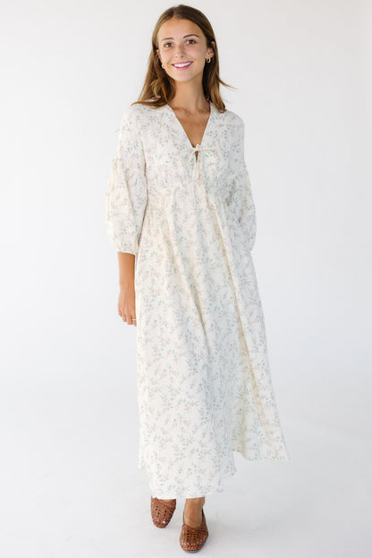 Brass & Roe A Gauze Tie Front Dress in cream and pink floral for women and teens.