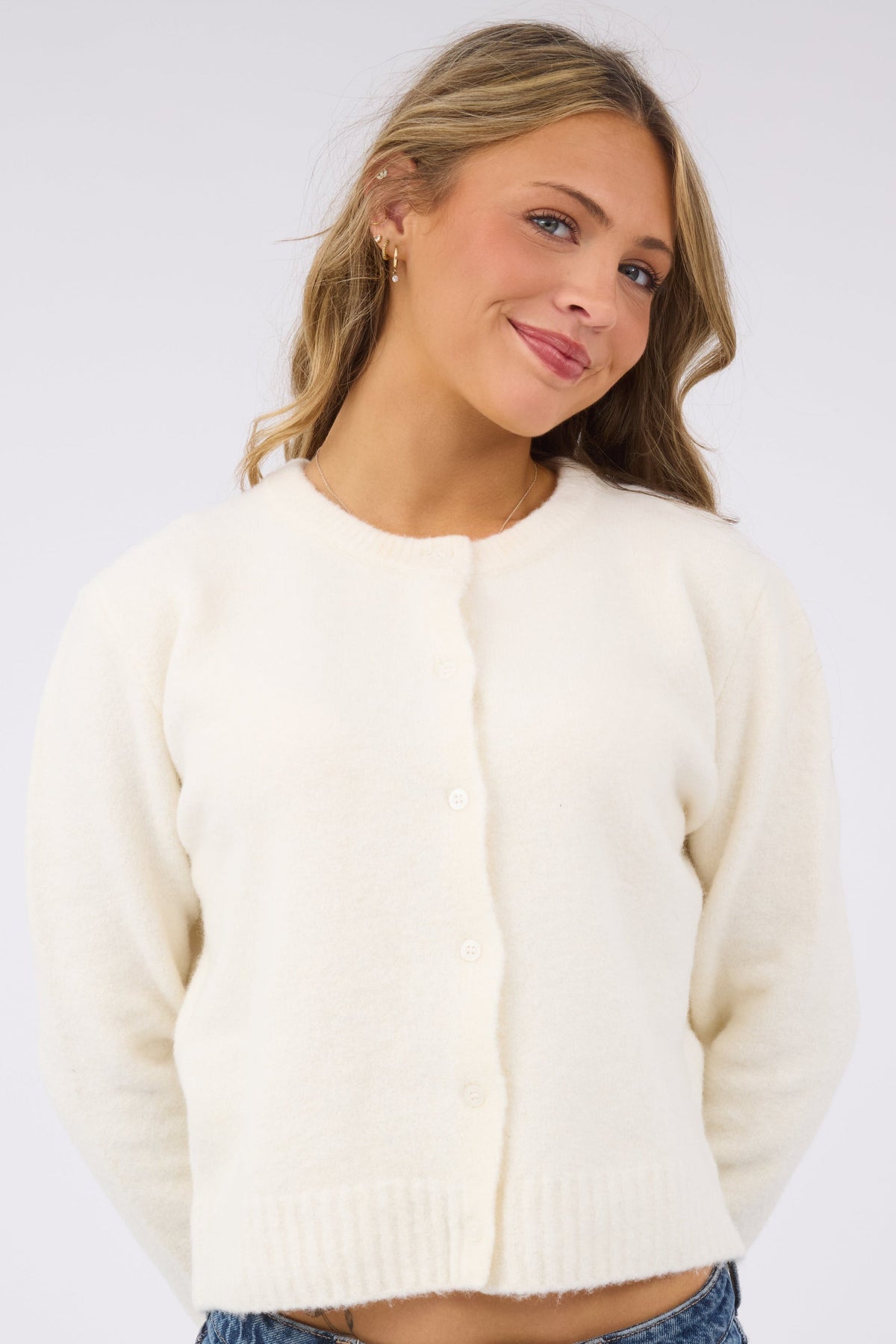 Angie Crew Neck Cardigan WOMEN'S CARDIGAN Yours Truly Cream S 