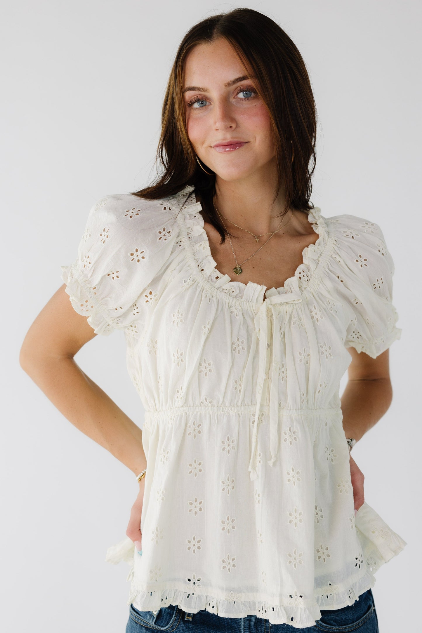 Citrus Delilah Top in cream eyelet for women and teen girls.