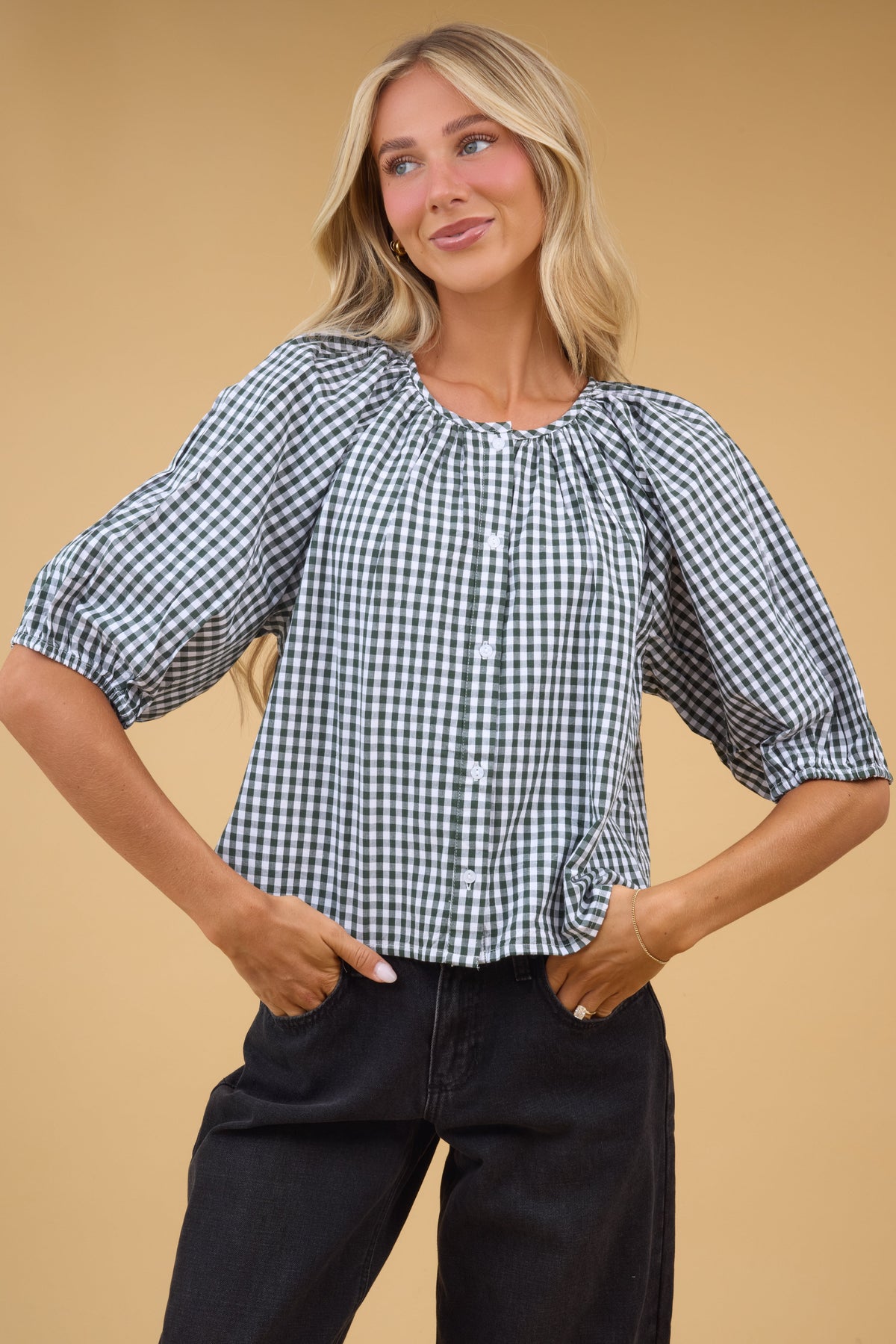 Citrus Southtown Button Topin green gingham for women and teen girls.