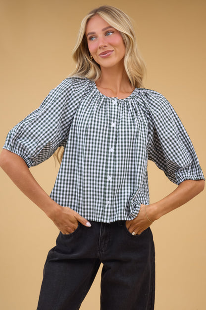 Citrus Southtown Button Topin green gingham for women and teen girls.