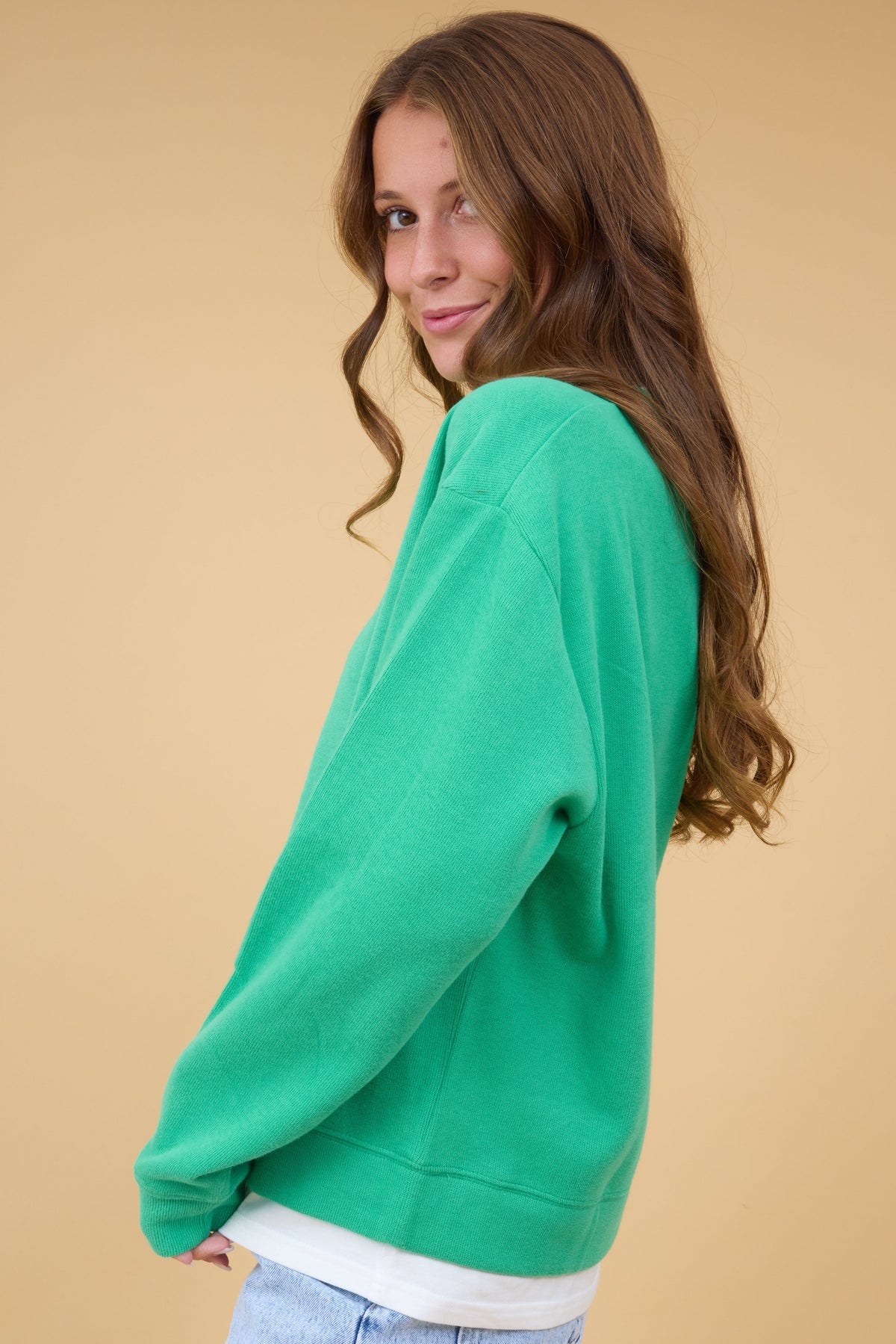 Always On Crew Pullover Knit in green for women and teen girls.