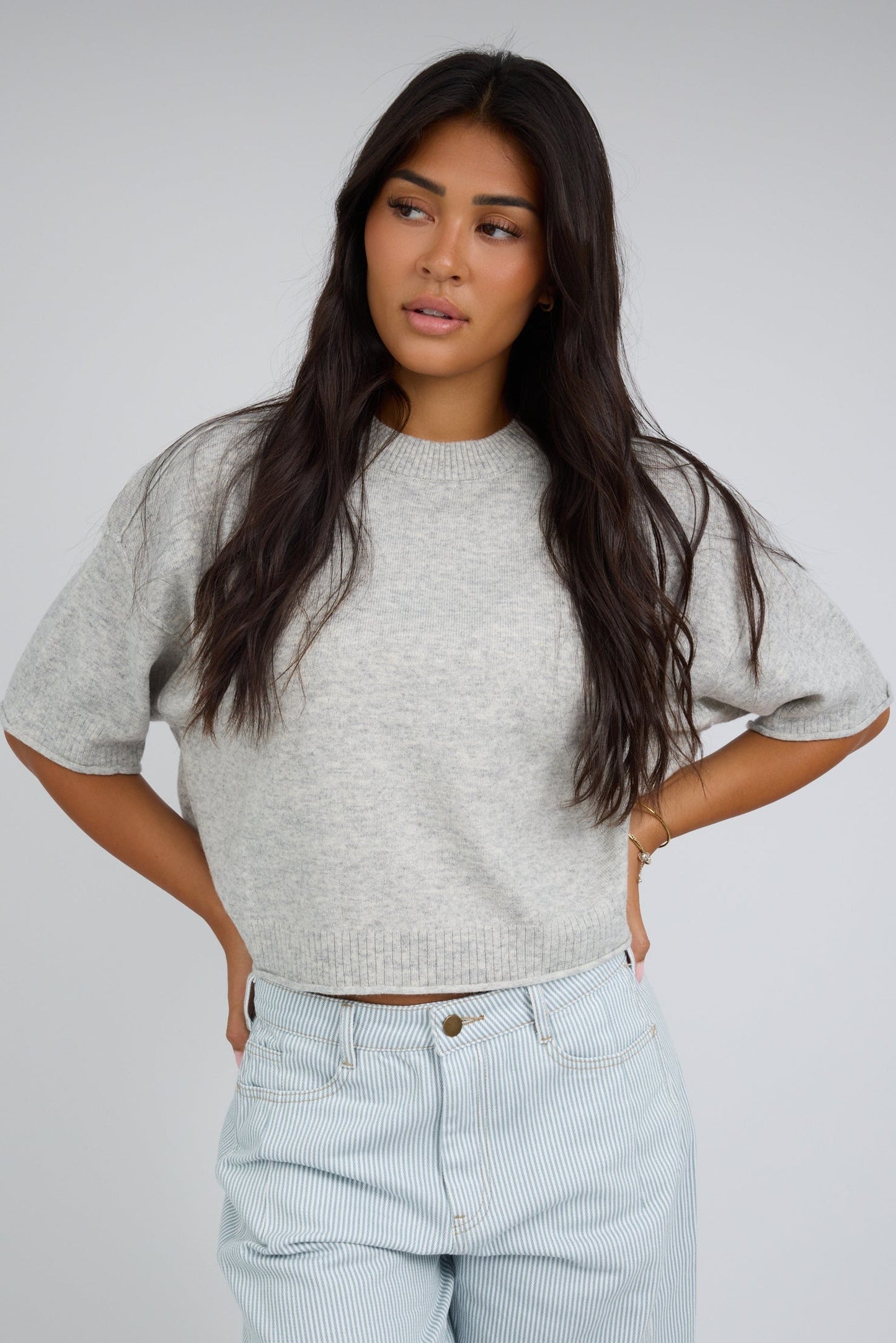 Mercedes Sweater Top in light heather grey for women and teen girls.