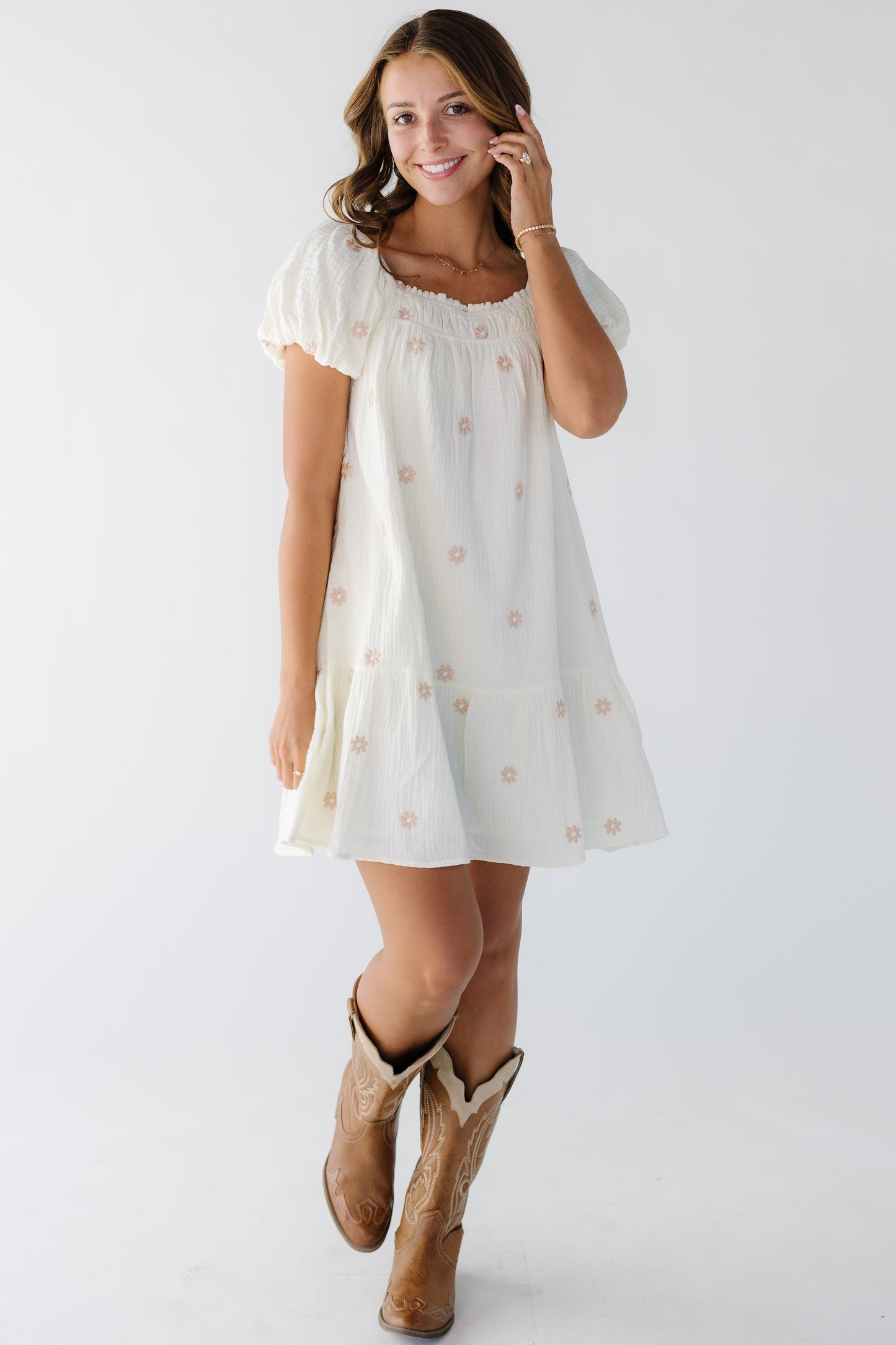 Daisy Embroidered Dress in ivory with pink floral embroidery for women and teen girls 