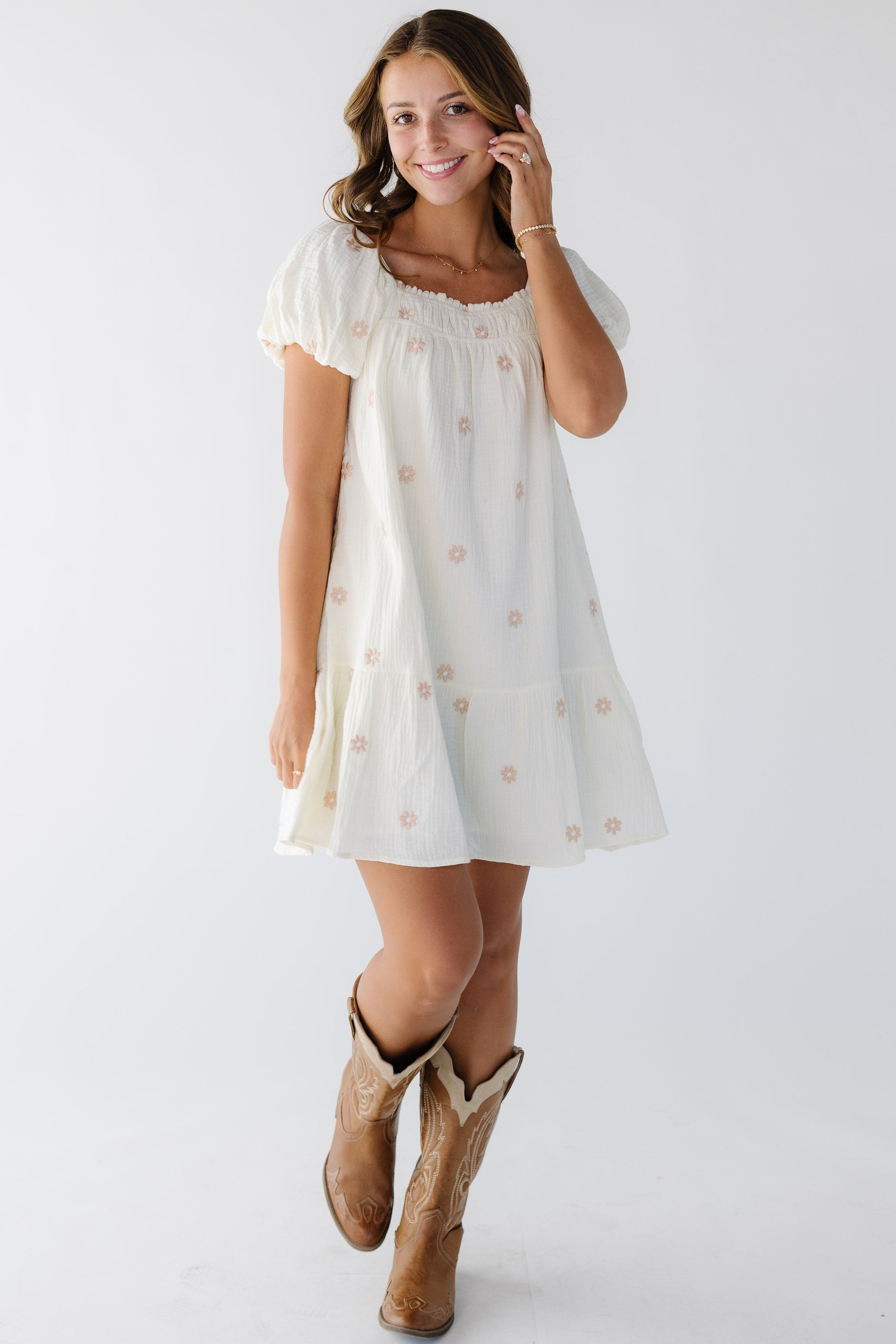 Daisy Embroidered Dress in ivory with pink floral embroidery for women and teen girls 