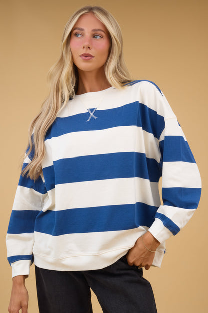 Brass & Roe Oversized Wide Stripe Top in ivory & blue wide stripe for women and teen girls.