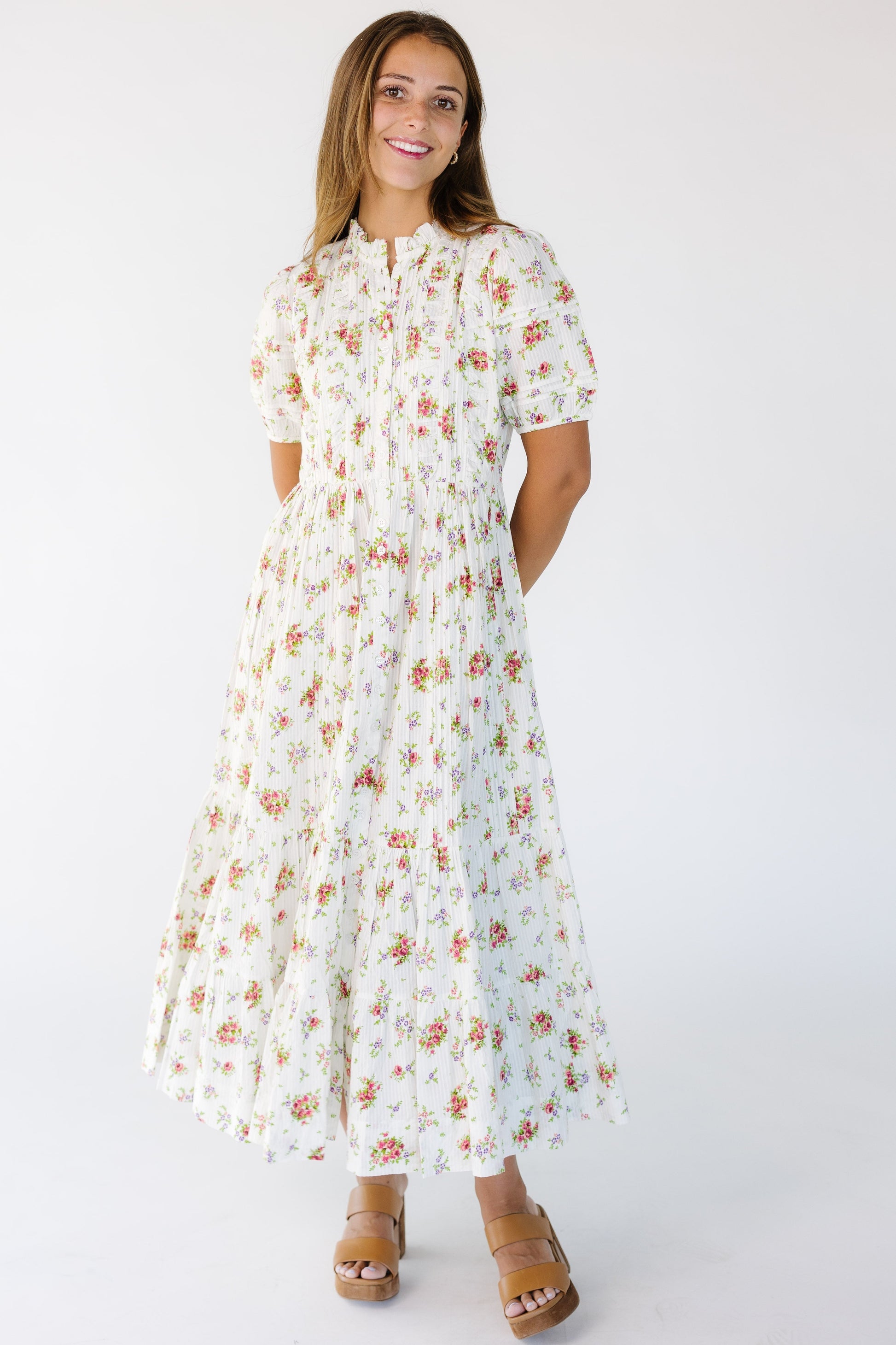 Citrus Flower Fields White Dobby Dress in a white and rose floral print for women and teens.