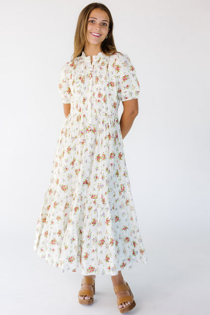 Citrus Flower Fields White Dobby Dress in a white and rose floral print for women and teens.