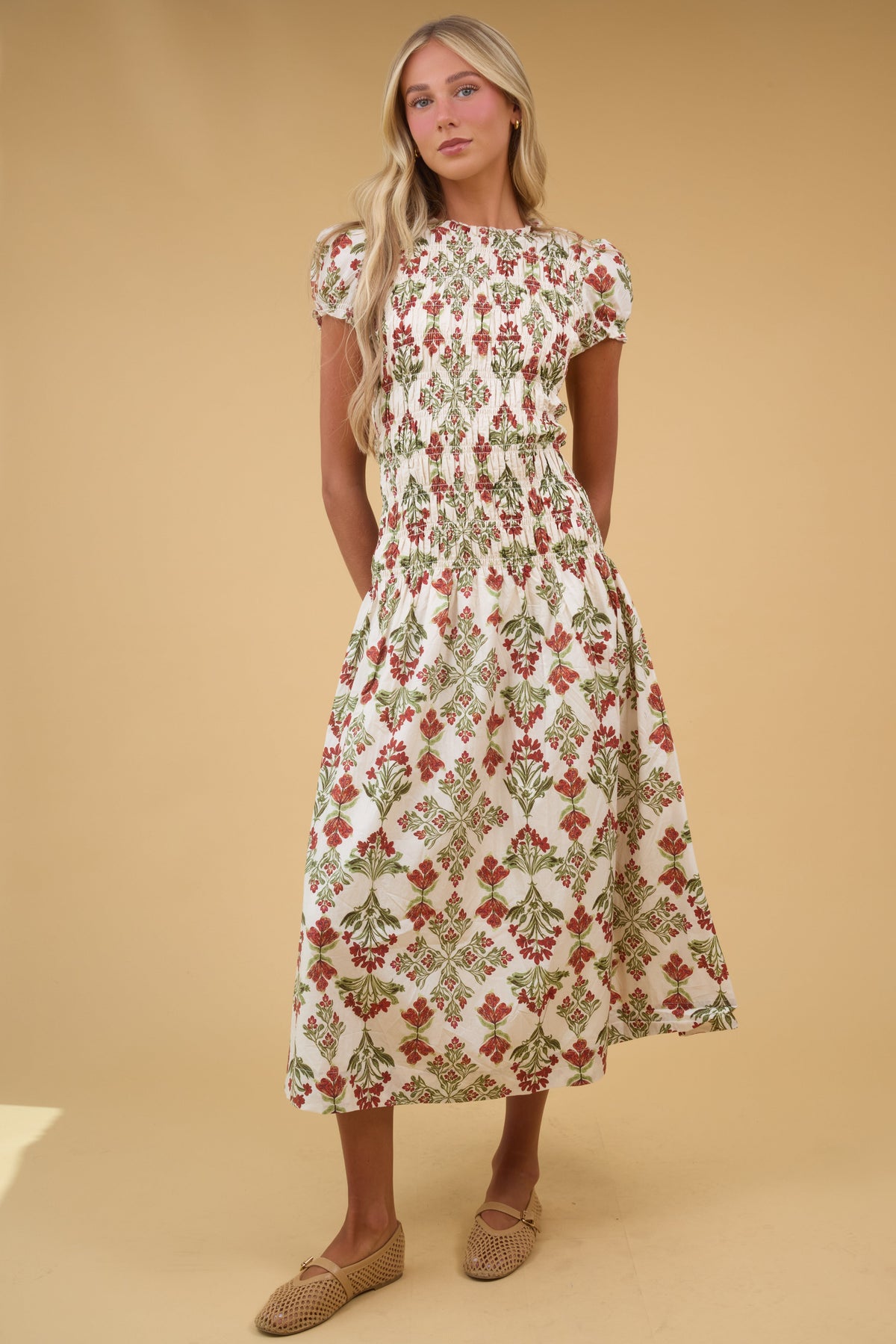 Brass & Roe Maci Smocked Maxi Dress in cream floral print for women and teen girls.