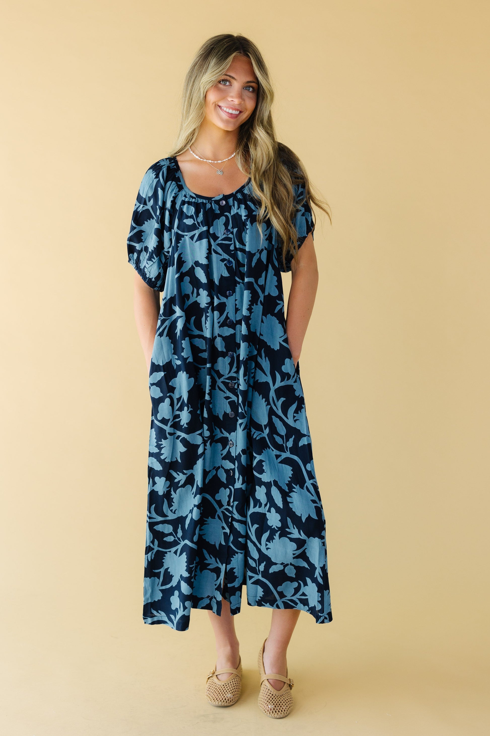 Citrus Button Down Midi Dress -Summer WOMEN'S DRESS Citrus Navy Print XS 