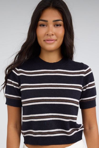 Molly Stripe Knit Top in navy, brown & white stripes for women and teenage girls.
