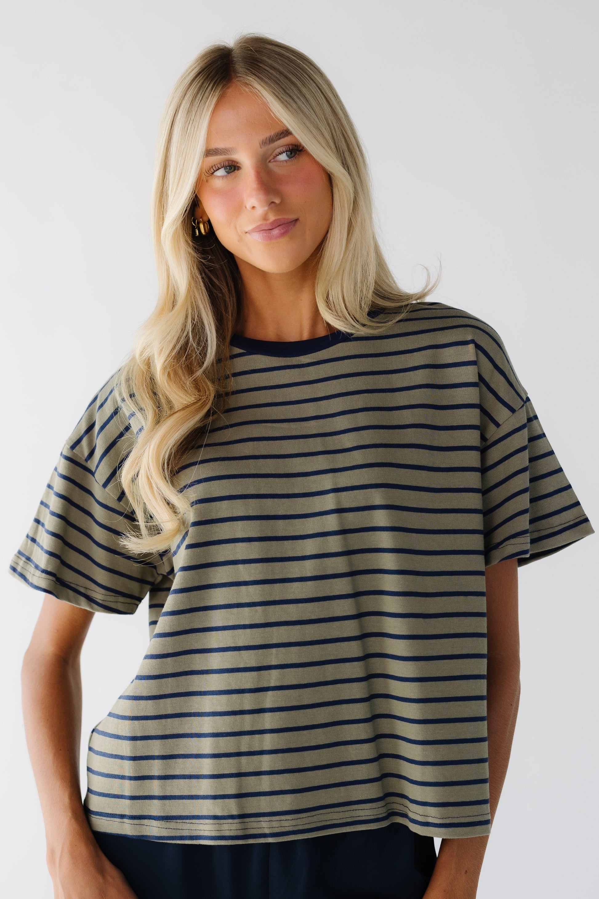 Landon Tee in olive & navy stripe for women and teenage girls.