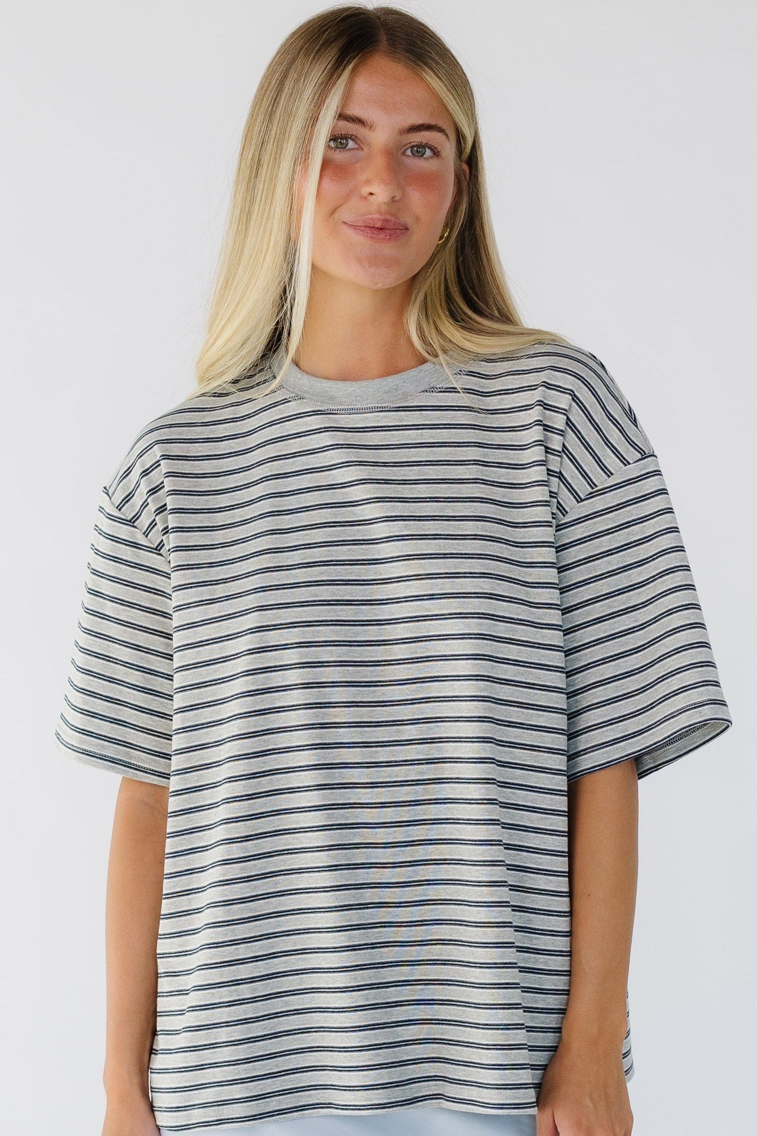Brass & Roe New Things Tee - Summer in grey stripe for women and teen girls.
