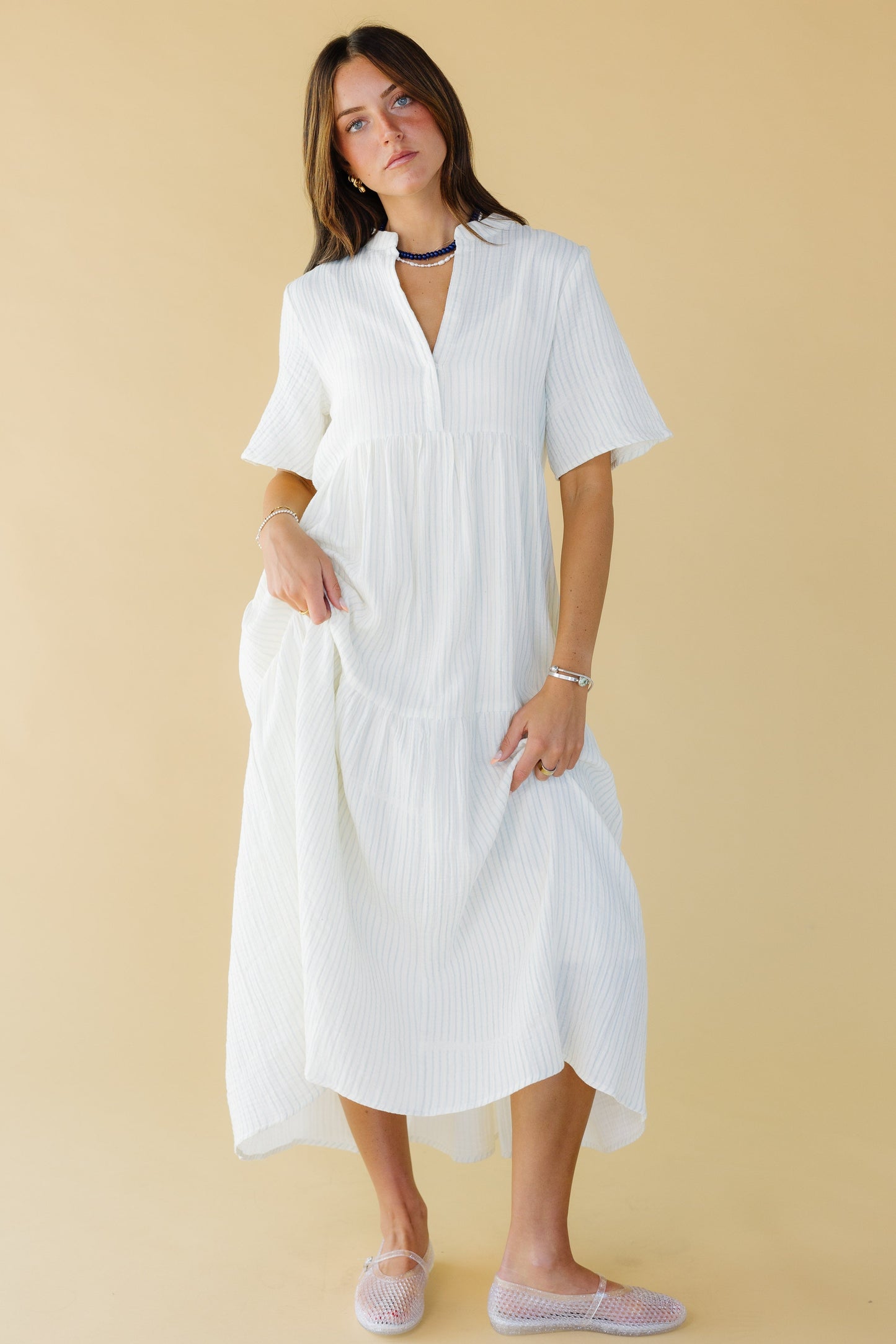 Brass & Roe Pondering Gauze Print in white with blue stripes for women and teen girls.