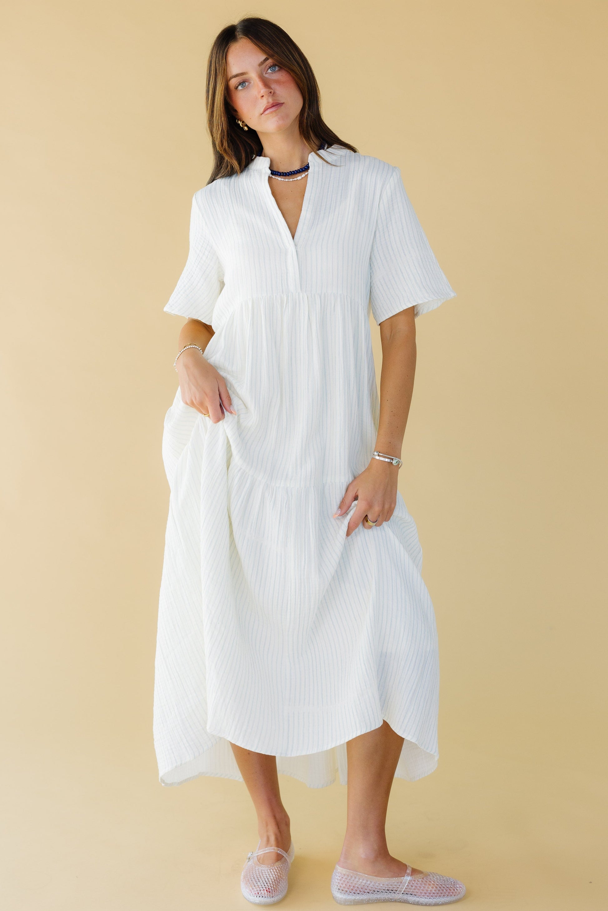 Brass & Roe Pondering Gauze Print in white with blue stripes for women and teen girls.