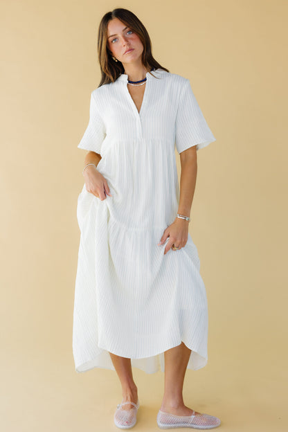 Brass & Roe Pondering Gauze Print in white with blue stripes for women and teen girls.