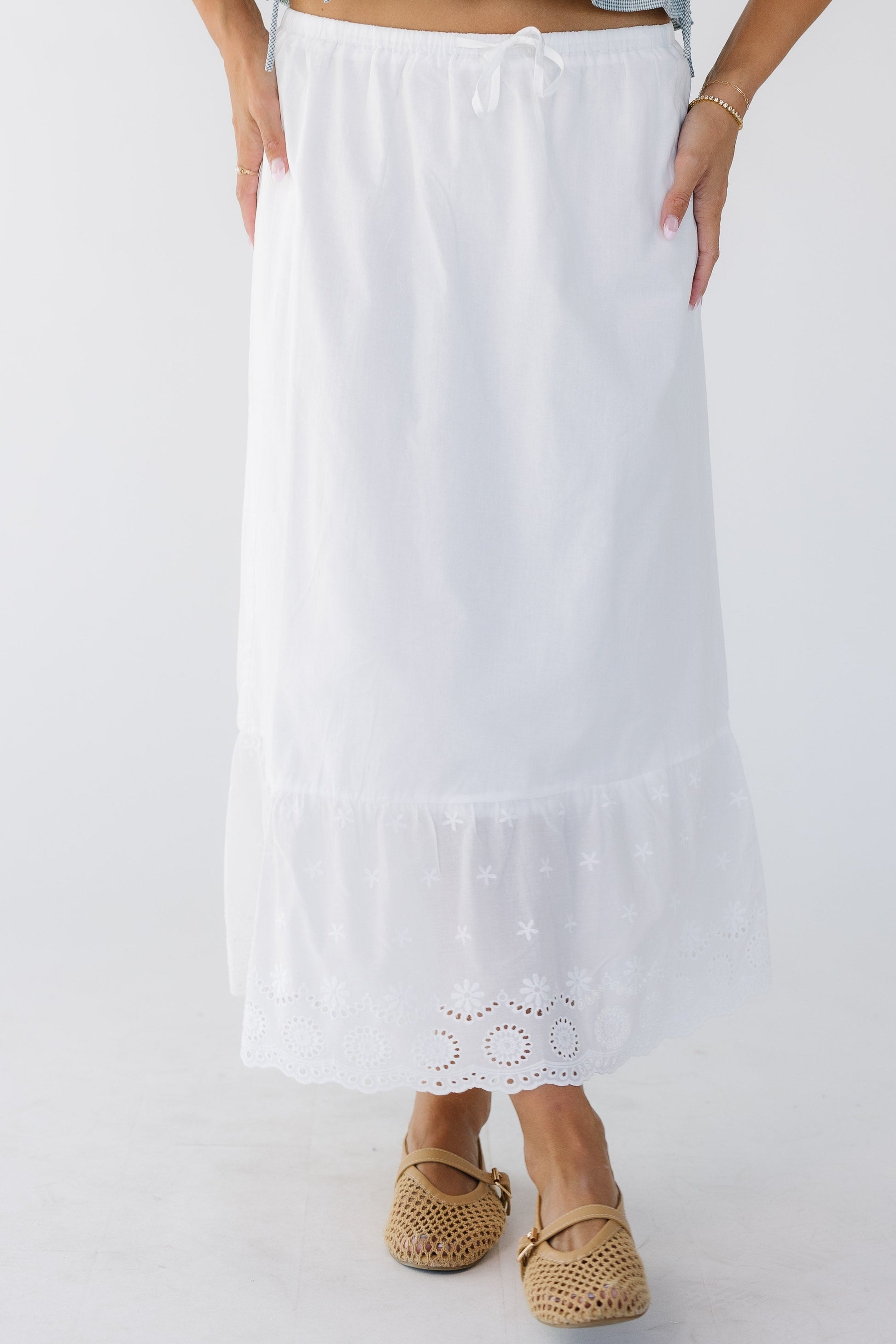 Brass & Roe Melanie Eyelet Skirt in white for women and teen girls.