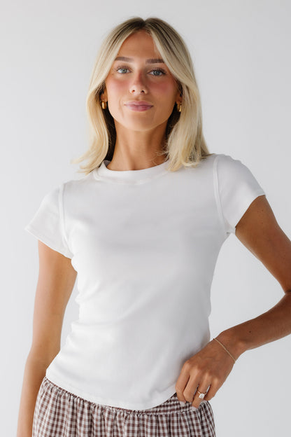 Cassie Knit Top in white with short sleeves and a wide ribbed crew neckline.