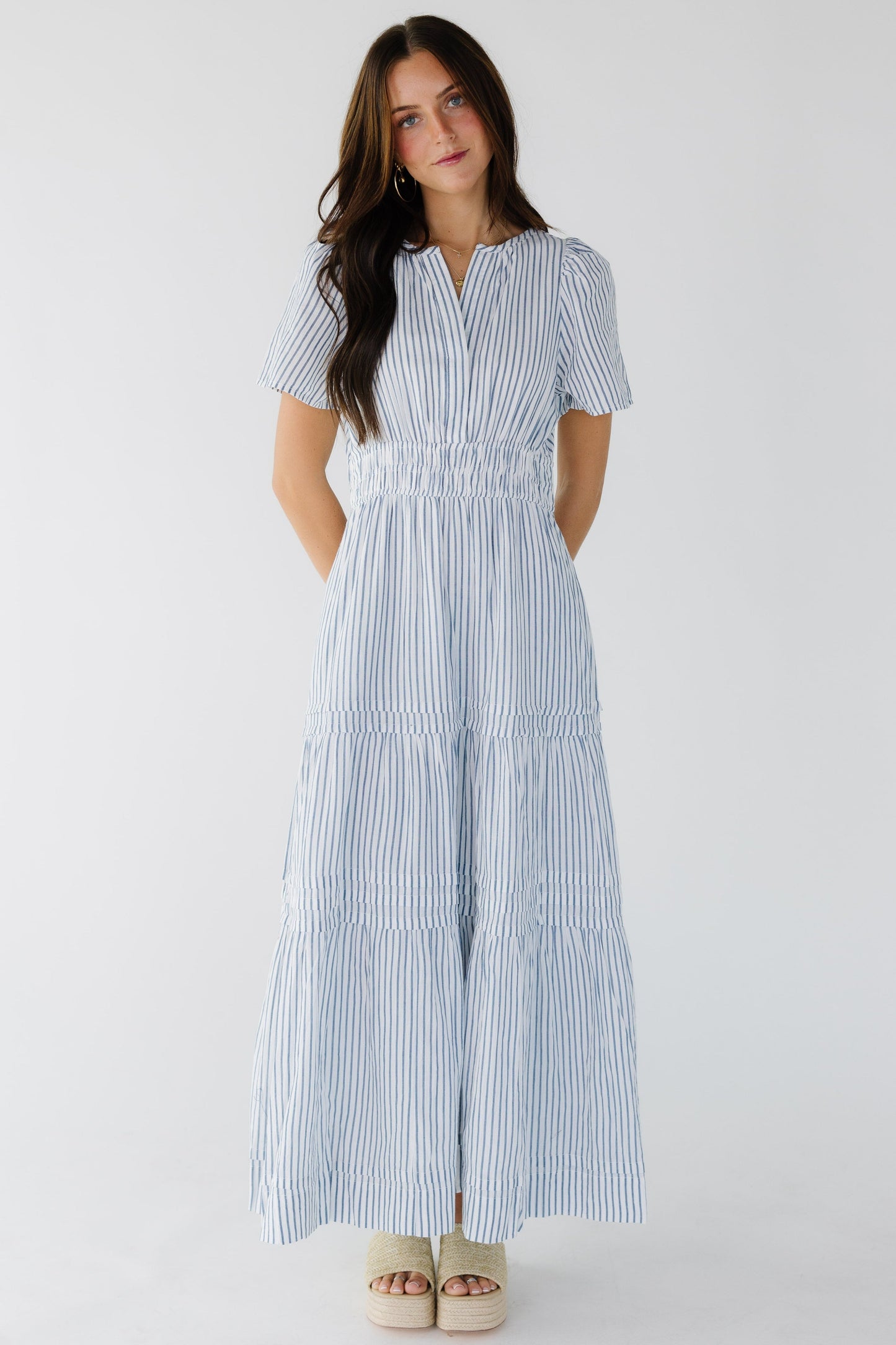 Citrus Shae Stripe Dress in white with blue stripes for women and teenage girls.