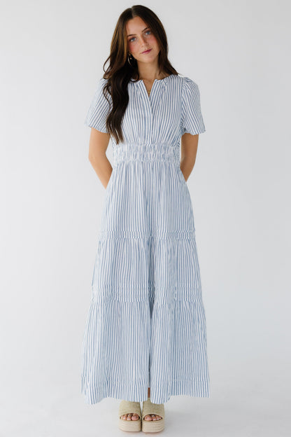Citrus Shae Stripe Dress in white with blue stripes for women and teenage girls.