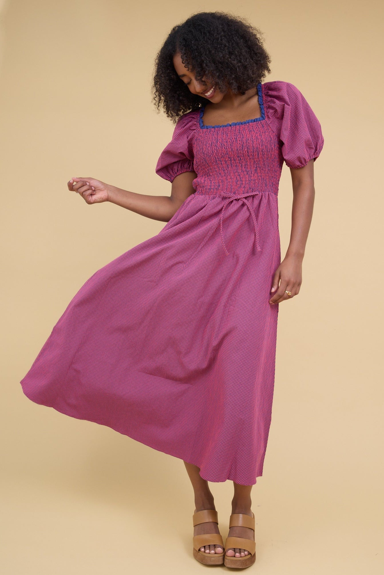 Brass & Roe Margot Square Neck Dress in red & blue gingham for women and teenage girls.