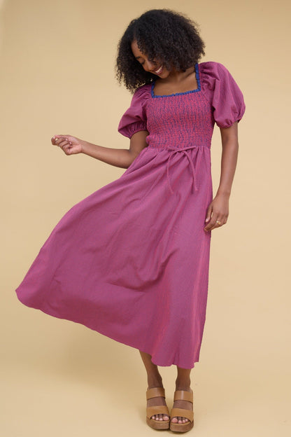 Brass & Roe Margot Square Neck Dress in red & blue gingham for women and teenage girls.
