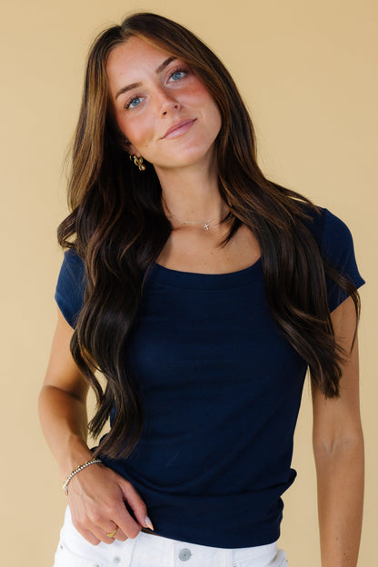 Brass & Roe Ribbed Scoop Tee in navy for women and teen girls.