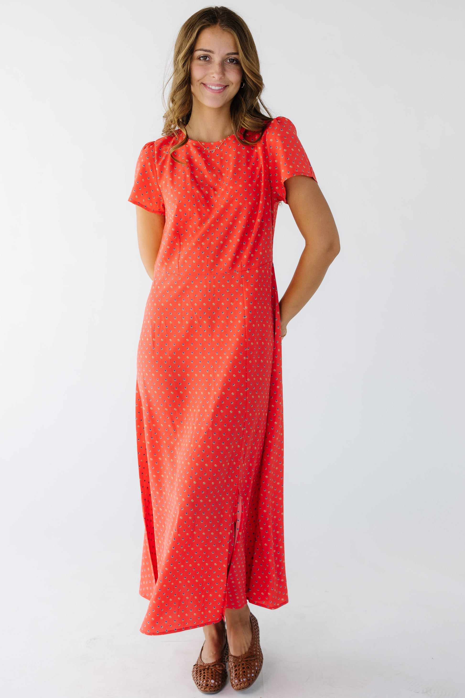 Brass & Roe Belle Elegant Dress in red floral print for women and teens.