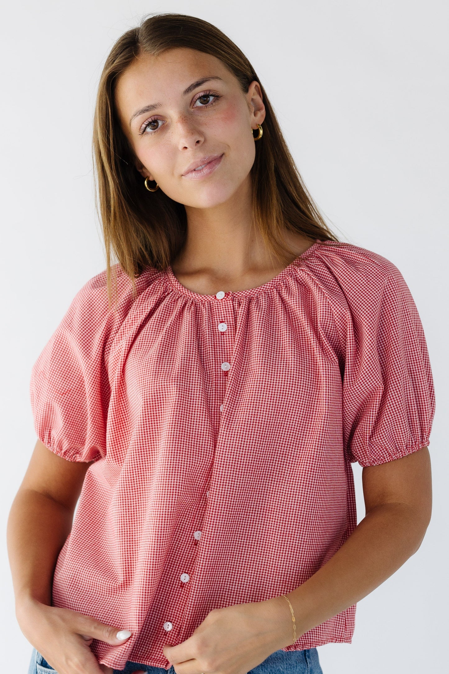 Brass & Roe Bree Textured Top in red gingham for women and teen girls.