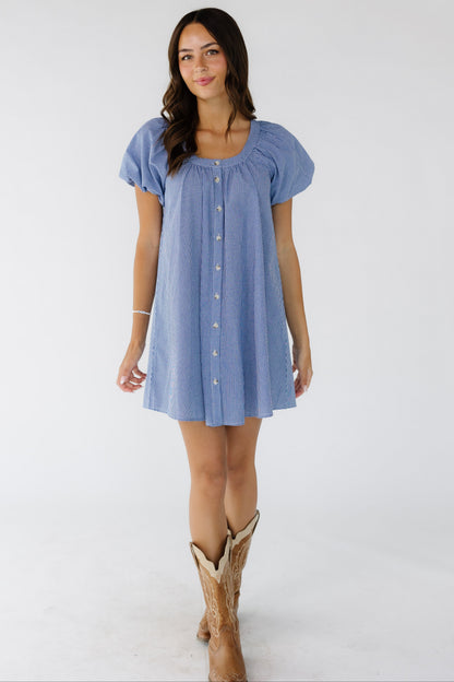 Woman wearing a short navy & white gingham dress that buttons down the front with short puff sleeves.