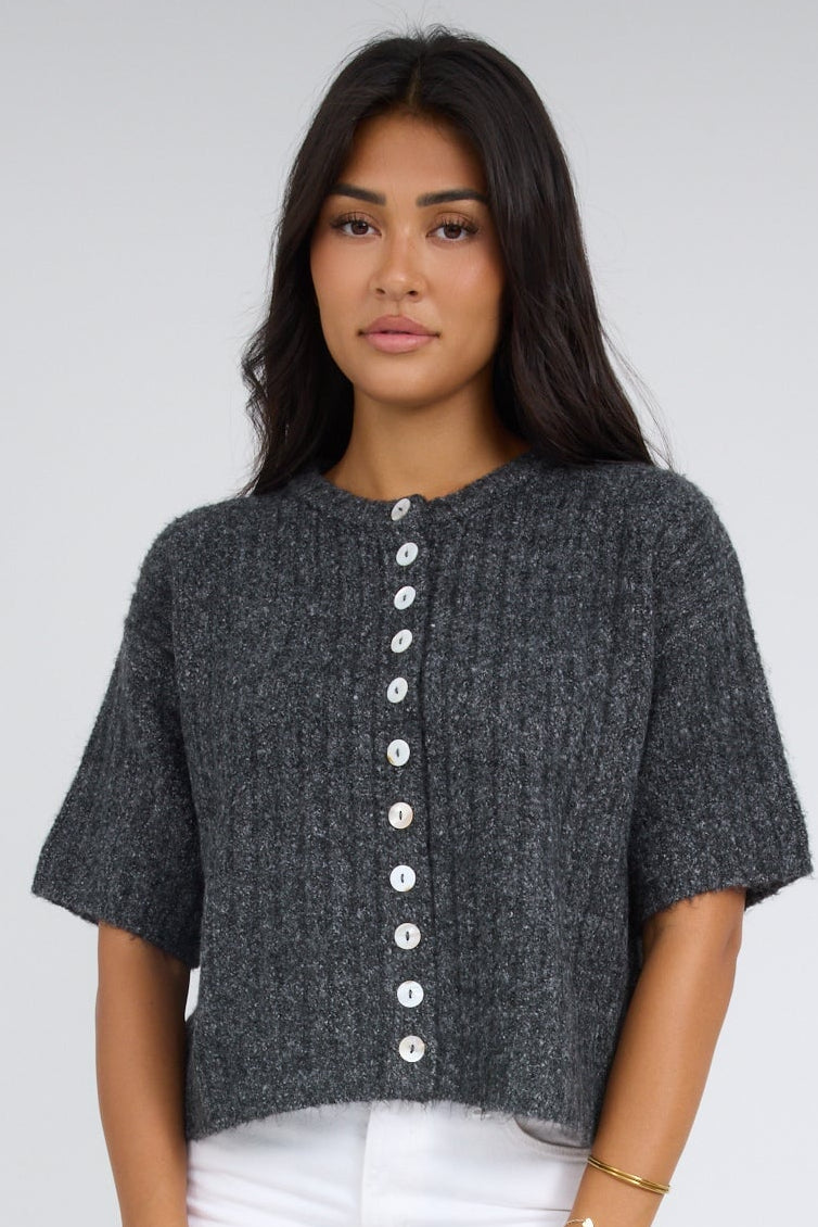 Quinn Short Sleeve Button Up Cardigan in charcoal grey for women and teenage girls.