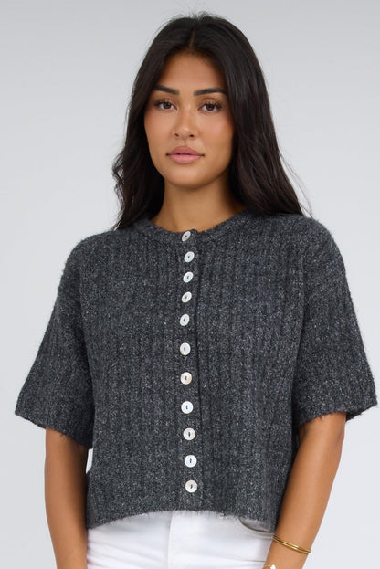 Quinn Short Sleeve Button Up Cardigan in charcoal grey for women and teenage girls.