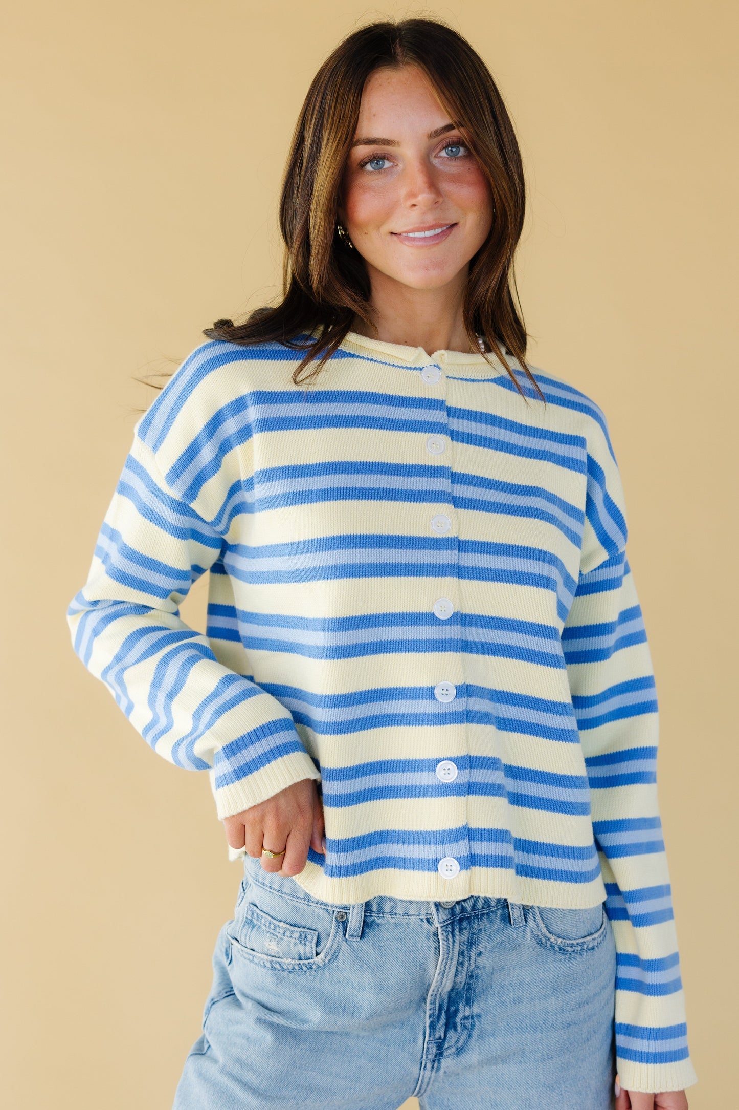 Zoe Striped Cardigan in yellow & blue stripe for women & teen girls.