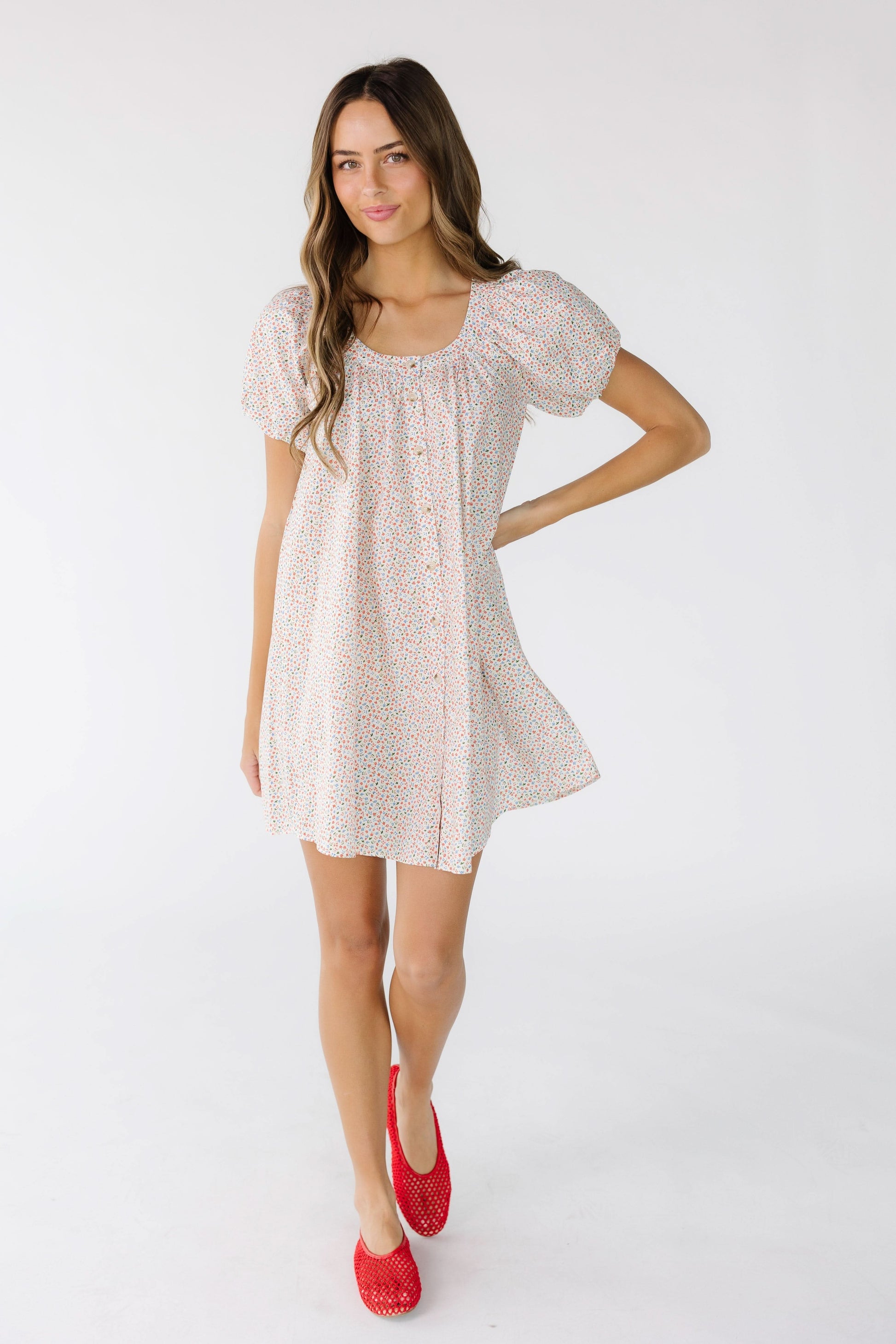 Brass & Roe Ellie Print Knee Dress in white floral print for women and teens.
