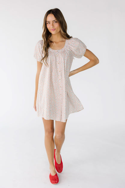 Brass & Roe Ellie Print Knee Dress in white floral print for women and teens.