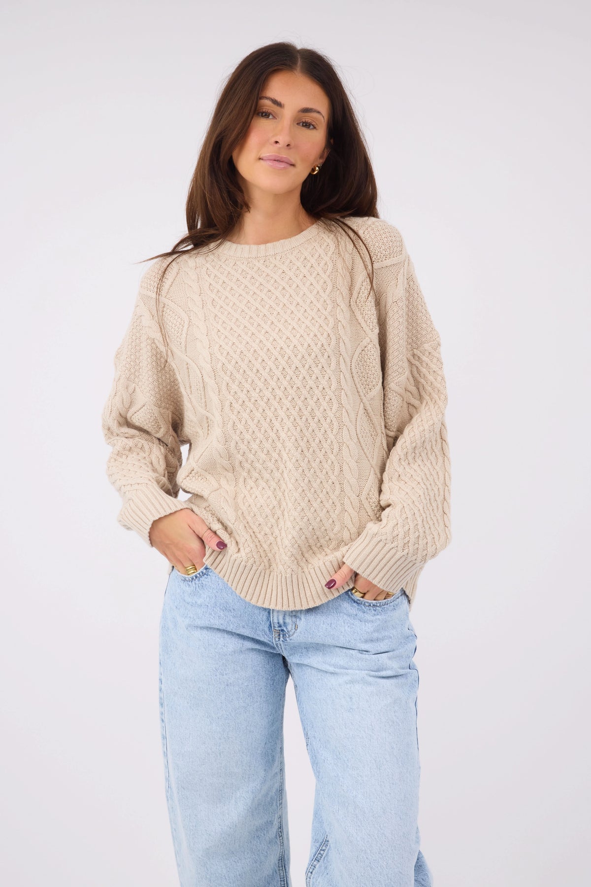 Cable Knit Crew Neck Sweater WOMEN'S TOP Miou Muse 