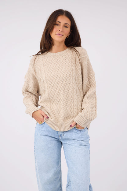 Cable Knit Crew Neck Sweater WOMEN'S TOP Miou Muse 