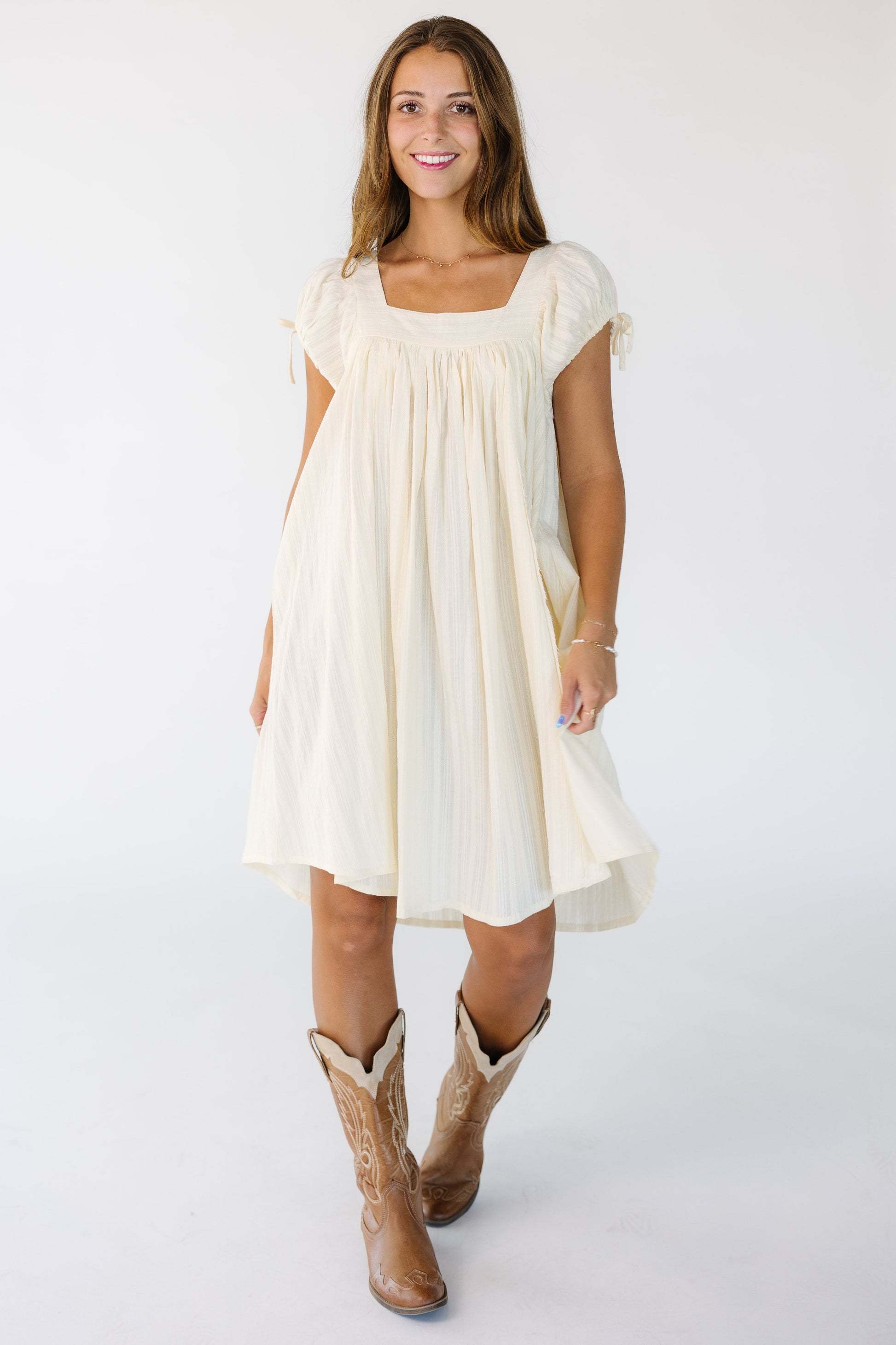 Brass & Roe Tali Textured Knee Dress - Ivory / XS