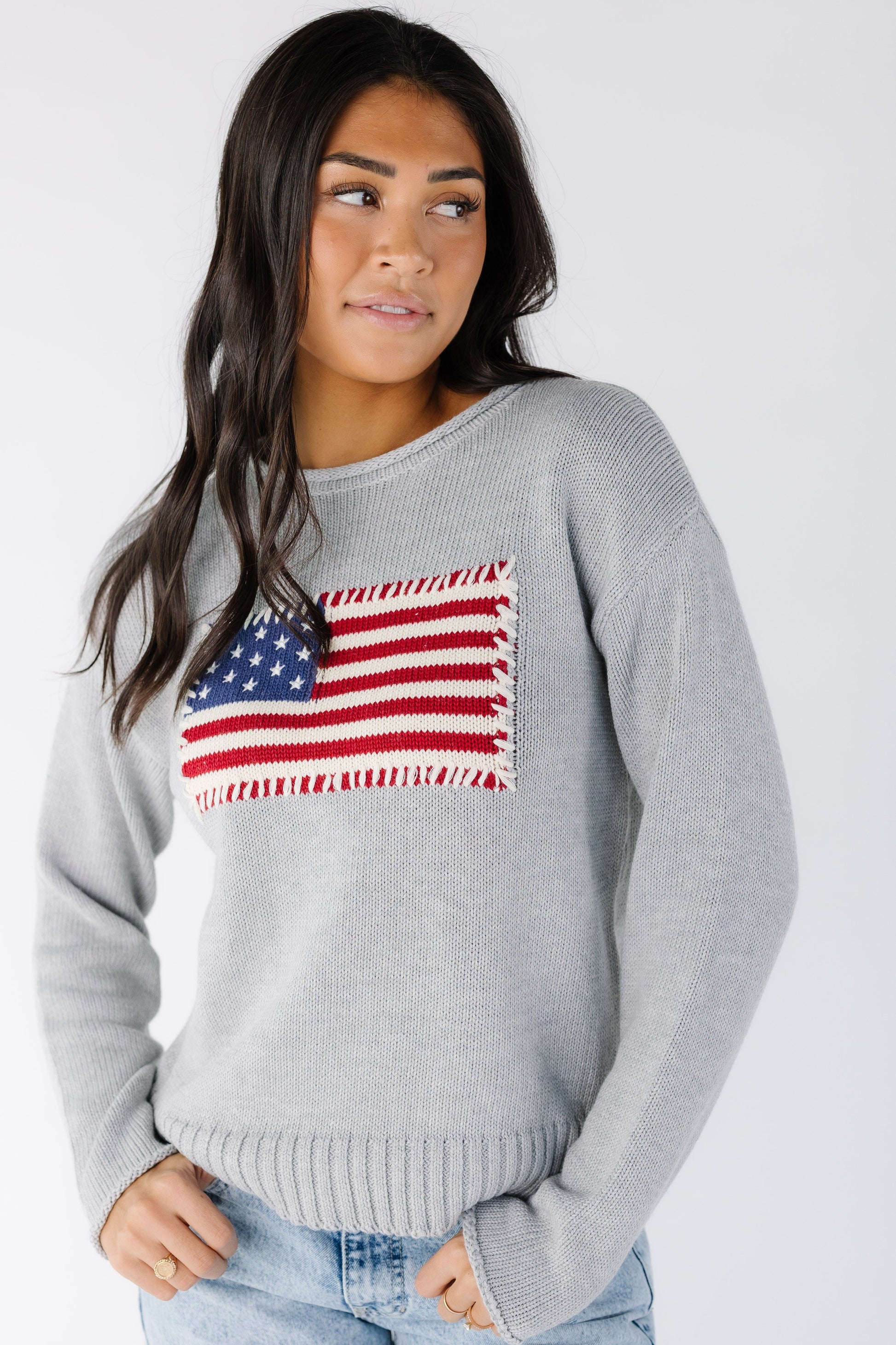 American Flag Sweater in grey for women and teenage girls.