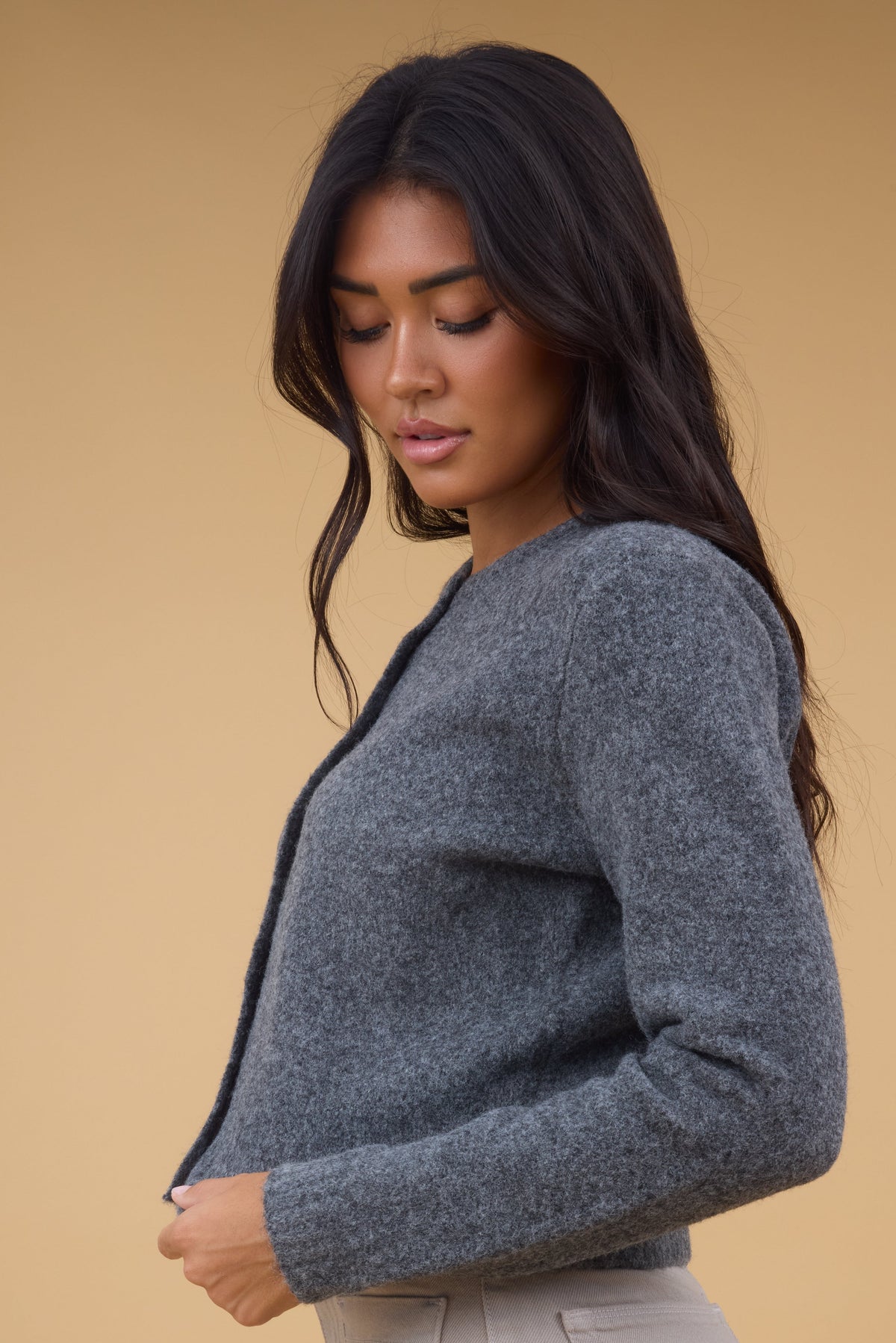 Angie Crew Neck Cardigan in charcoal for women and teen girls.