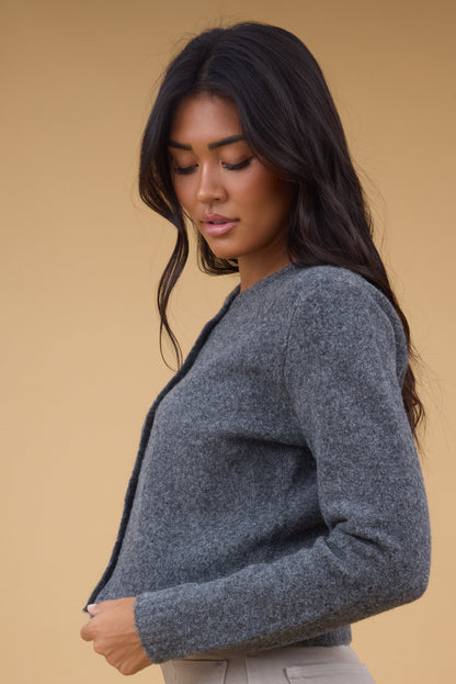 Angie Crew Neck Cardigan in charcoal for women and teen girls.