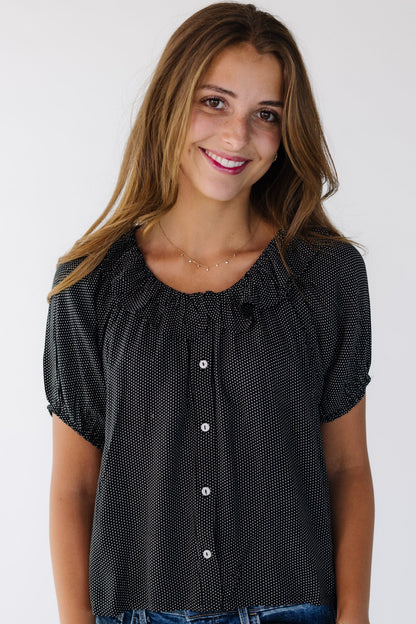 Citrus Bow Top in black & white polka dot for women and teenage girls. 