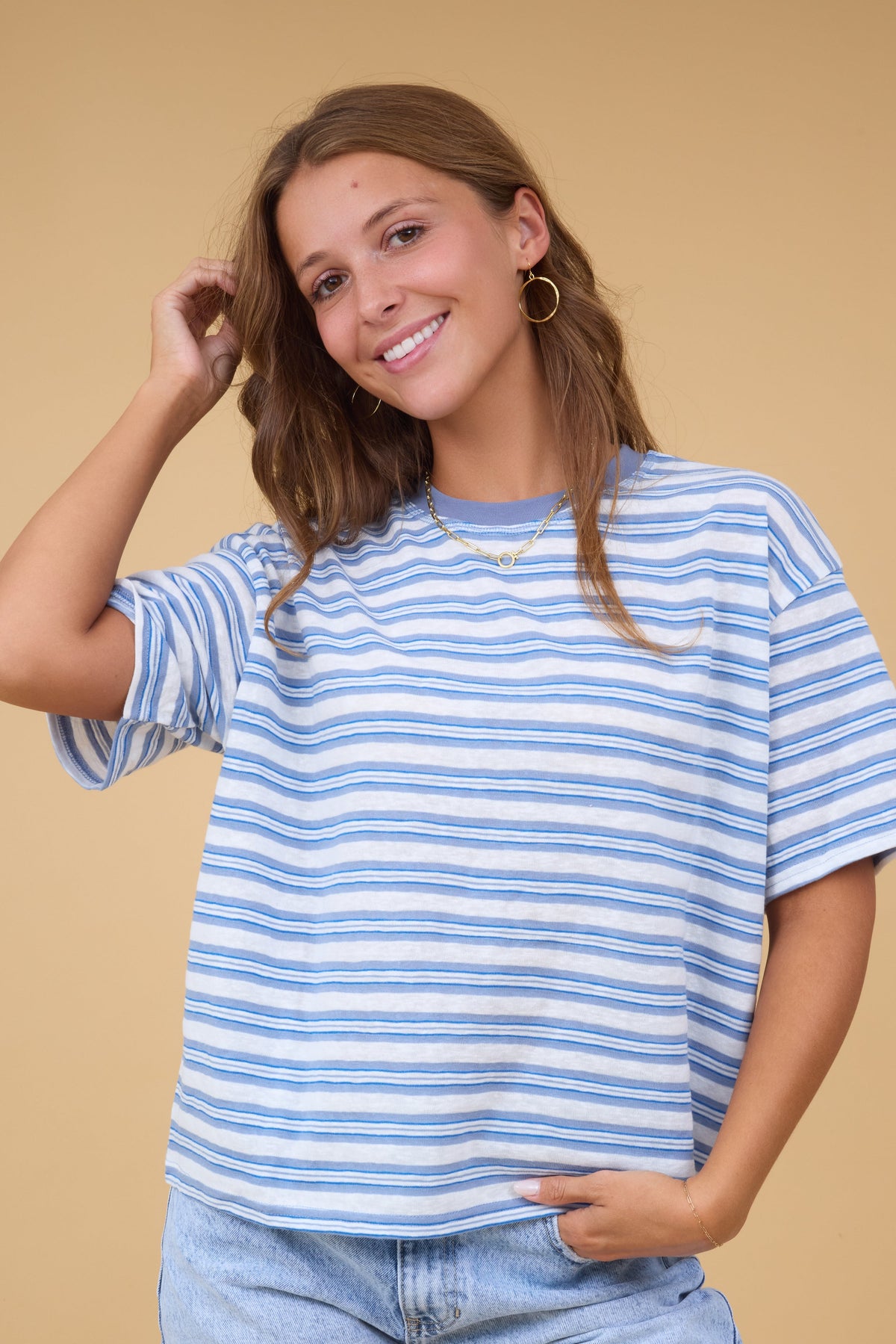 Etta Oversized Tee in blue & white stripe for women and teen girls.