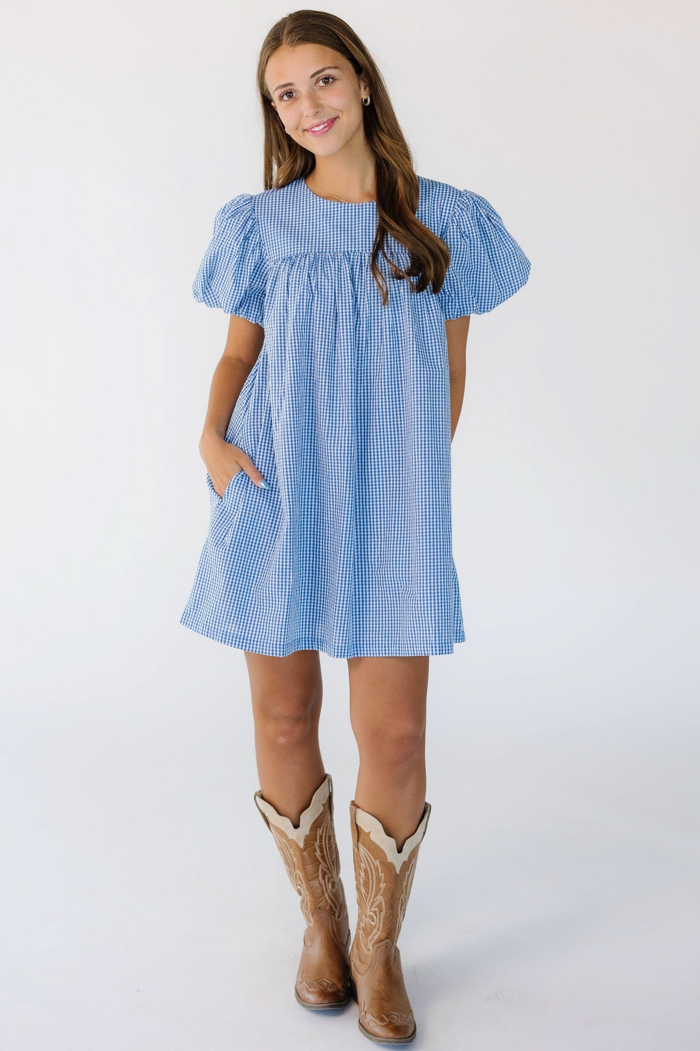 Reese Babydoll Gingham Dress in blue and white for women and teens.