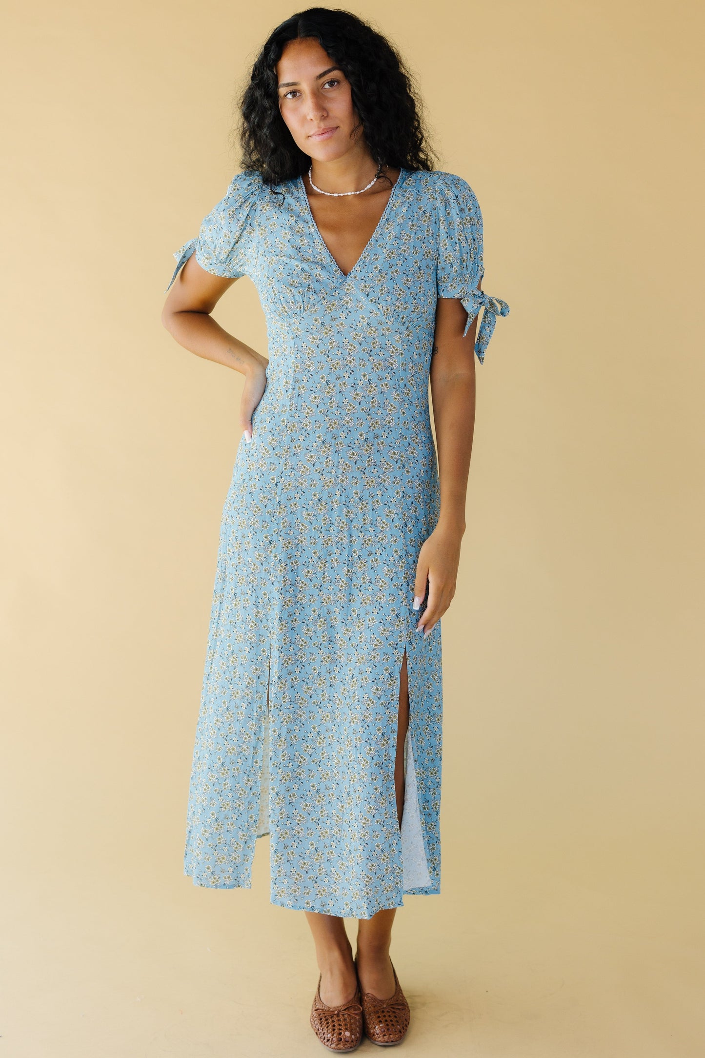 Blue Floral Midi Dress in light blue floral for women and teen girls.