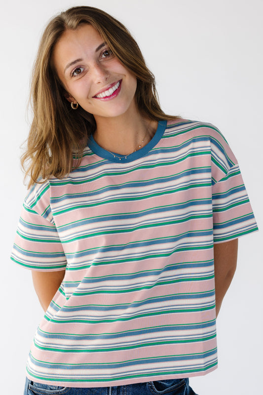 All About Stripes Tee in a blush pink and multicolor stripe tee for women and teens.