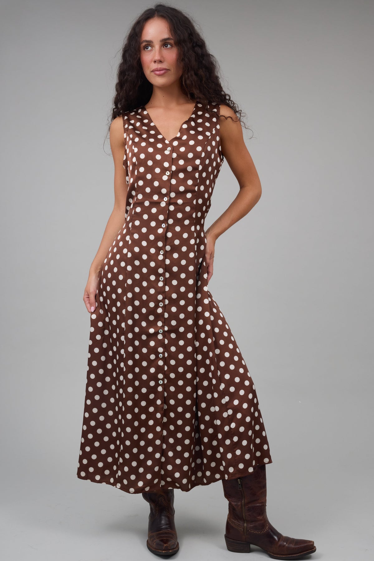 The Dot Button Dress in brown & cream polka dot for women and teen girls.