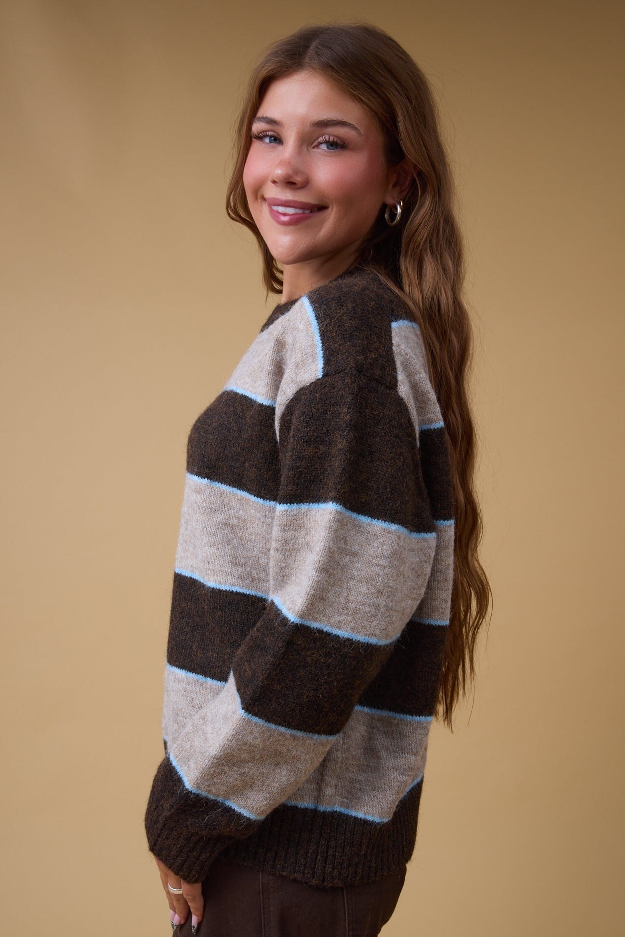 The Montreal Sweater in brown, tan & blue stripe for women and teenn girls.