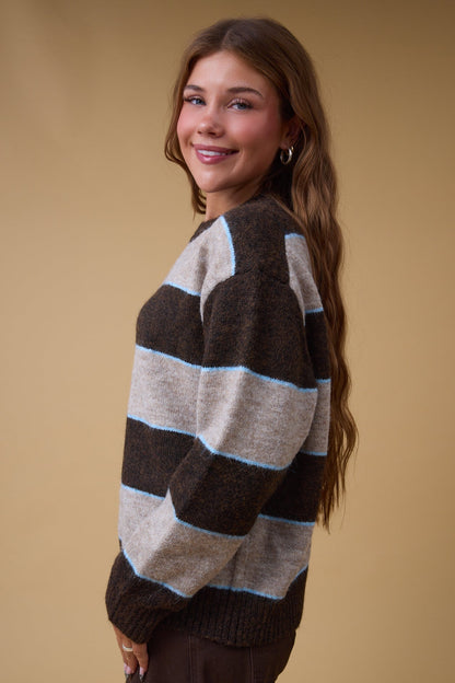 The Montreal Sweater in brown, tan & blue stripe for women and teenn girls.
